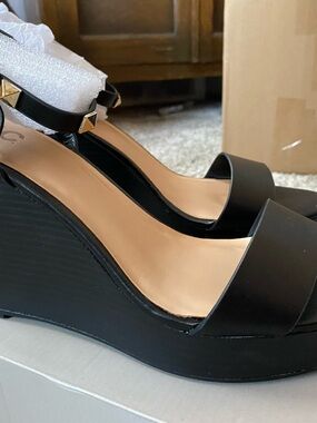 INC International Concepts Black Wedge Sandals with Studded Ankle Strap